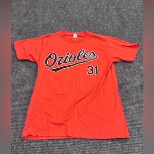 Orioles Mullins 31 Graphic Tee - Bright Orange Baseball Shirt size medium